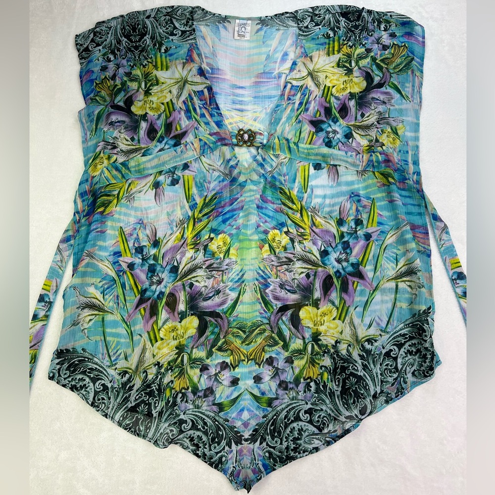 Becca Women’s Swim Cover Up Blue Purple Yellow Floral Tie Waist Size MM LG